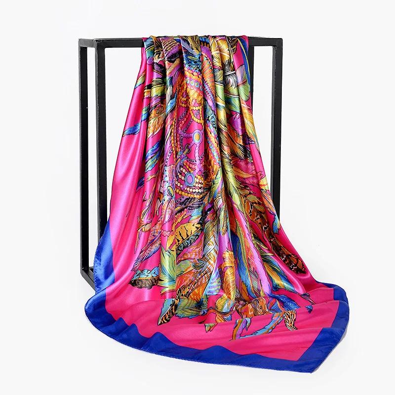 90cm Square Shawls Women Hijab Scarf For Hair Fashion Print Kerchief Neck Scarves Female Silk Satin Bag Scarfs For Ladies Banada