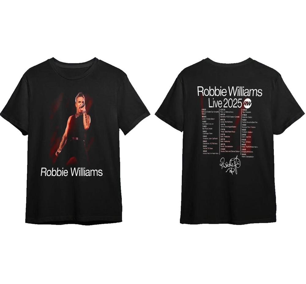 Robbie Williams Tour 2025 Tričko Všechny velikosti S až 3XL Tričko 2 STRANY Unisex Tričko
