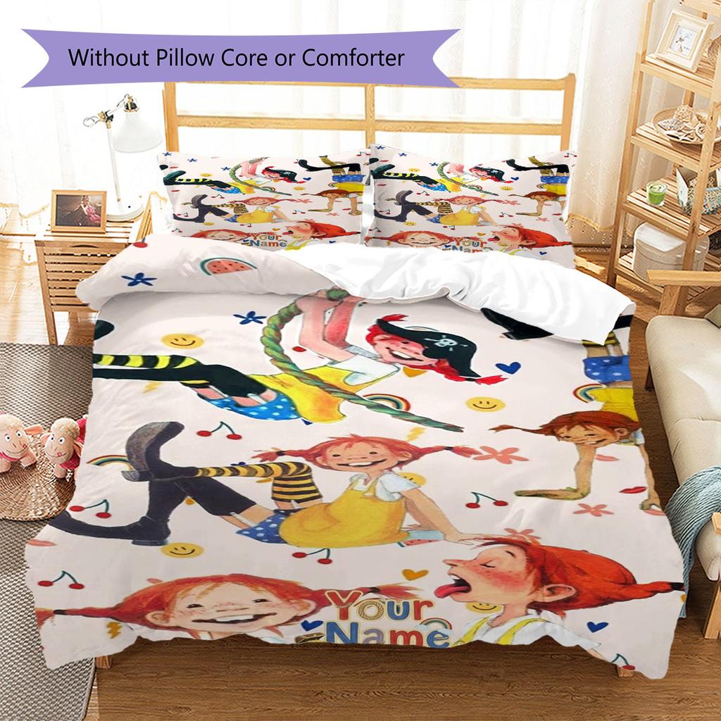 Pippi Longstocking Custom Name Pattern Bedding,Quilt Set Quilt Cover Pillowcase Home Birthday Gift(1 * duvet cover + 2 * pillowcase, without core)