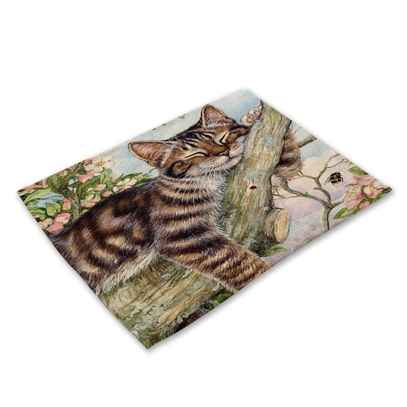 45X30cm Cute Cat Flower Pattern Placemat Dining Table Mats Cotton Linen Drink Coaster Western Pad Cup Mat For Home Decor Gifts