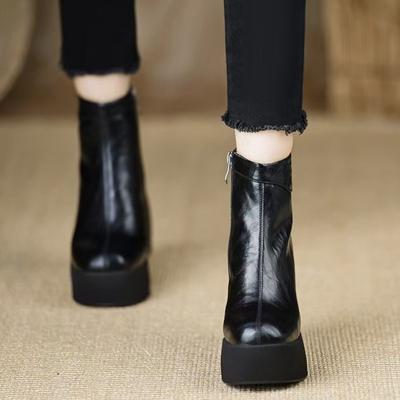 Knöchel-Wedges Moderne Stiefel Winter Reißverschluss Runde Zehenschuhe Damen 2024 Hohe Qualität Mittelhoch Absatz Einfarbig Reißverschluss Prägnante Damenstiefel