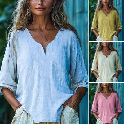 Women Tops Soft Fabric Breathable Loose Fit Blouse Three-Quarter Sleeve V-Neck Casual Spring Summer Shirt
