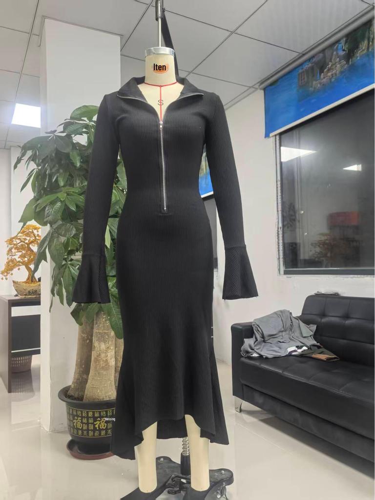 2025 Autumn European & American Elegant Zipper Lapel Bell Sleeve Knit Fishtail Skirt