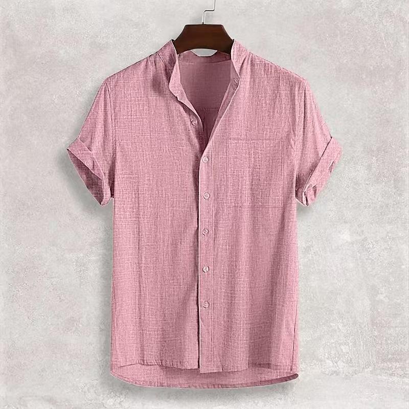 Summer Men's Short Sleeve Cotton and Linen Shirt Comfortable Casual Stand-Up Neck Cardigan Solid Color Shirt Men's