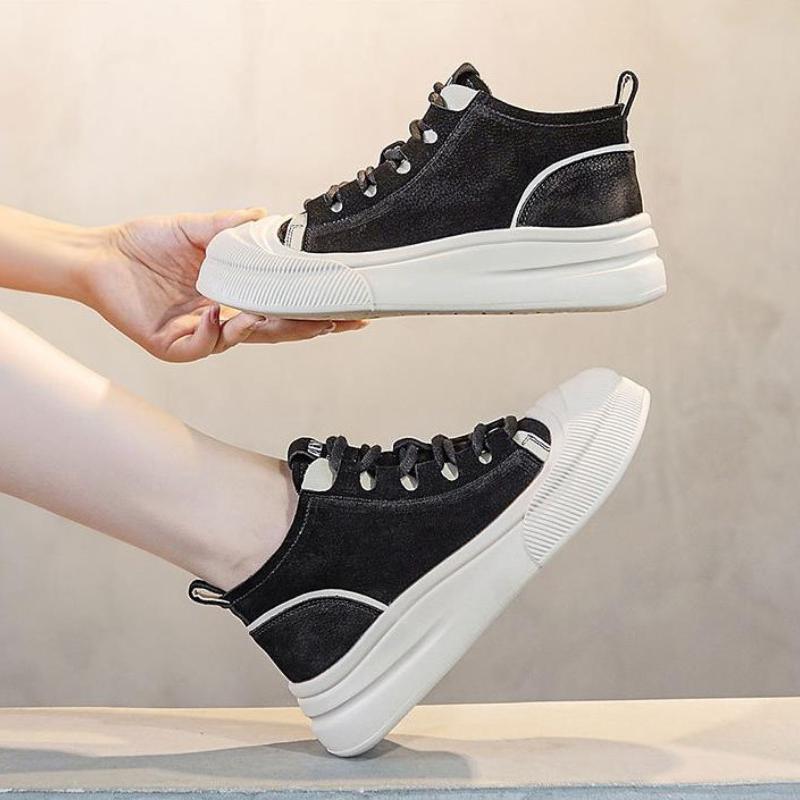 2025 New Women Casual Sneakers Quality Genuine Leather Mixed Colors Flat Platform Lightweight College Style High Top Board Shoes