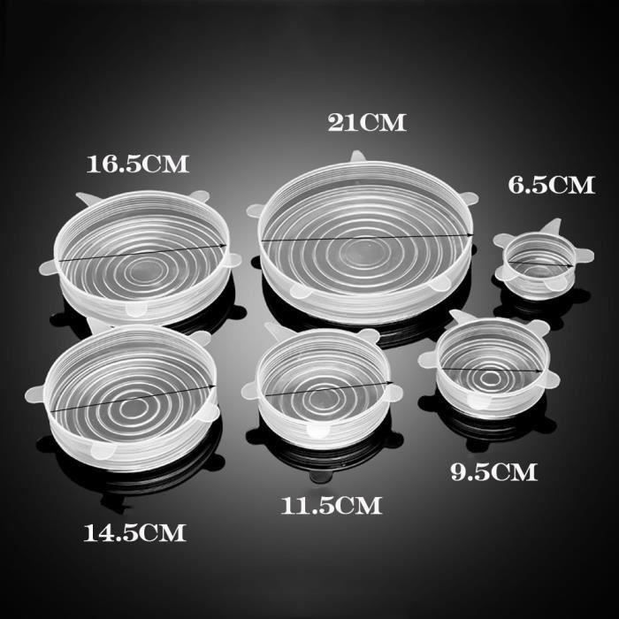 Lot de 6 Couvercles Extensibles en Silicone, ( passe au micro-ondes, réutilisable) ,transparent