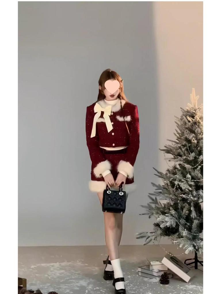 2025 Winter Women's Chic Red Christmas Set: New Year Patchwork Jacket & Skirt