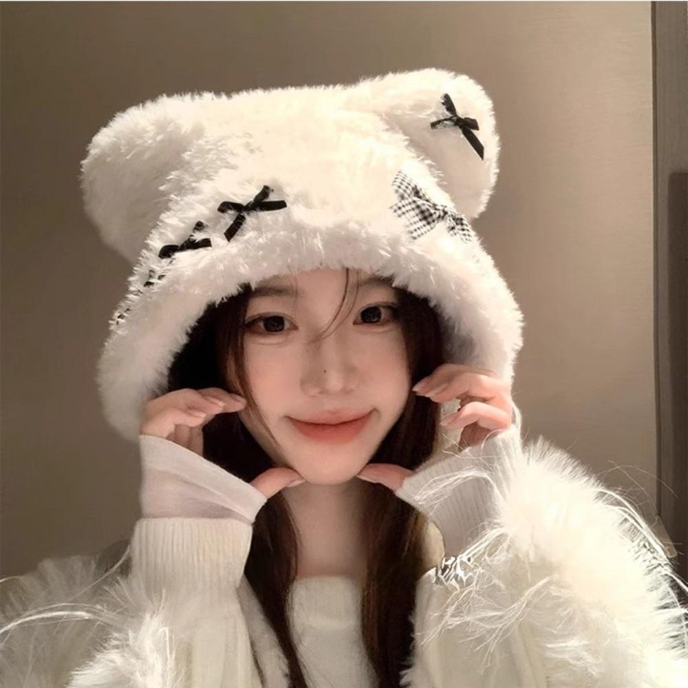 Cute Thickened Bear Ears Knitted Hat Ear Protection Soft Bow Earmuffs Windproof Warm Bear Hat Winter Season Women Wear