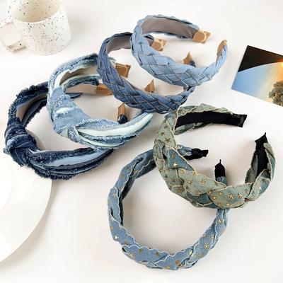 A New Style of Retro Denim Braided Hairband with A High Head and Pleated Headband for The Hairpin