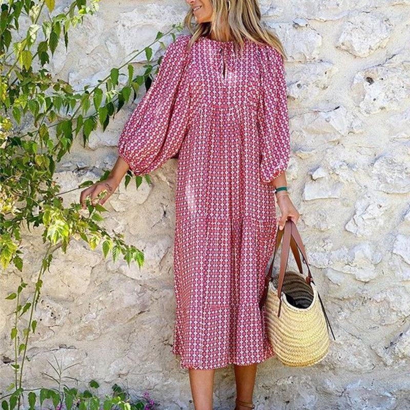 Women Bohemian Geometric Print Long Maxi Dress Lantern Sleeve V Neck Loose Casual Spring 2026 Travel Party Outfit