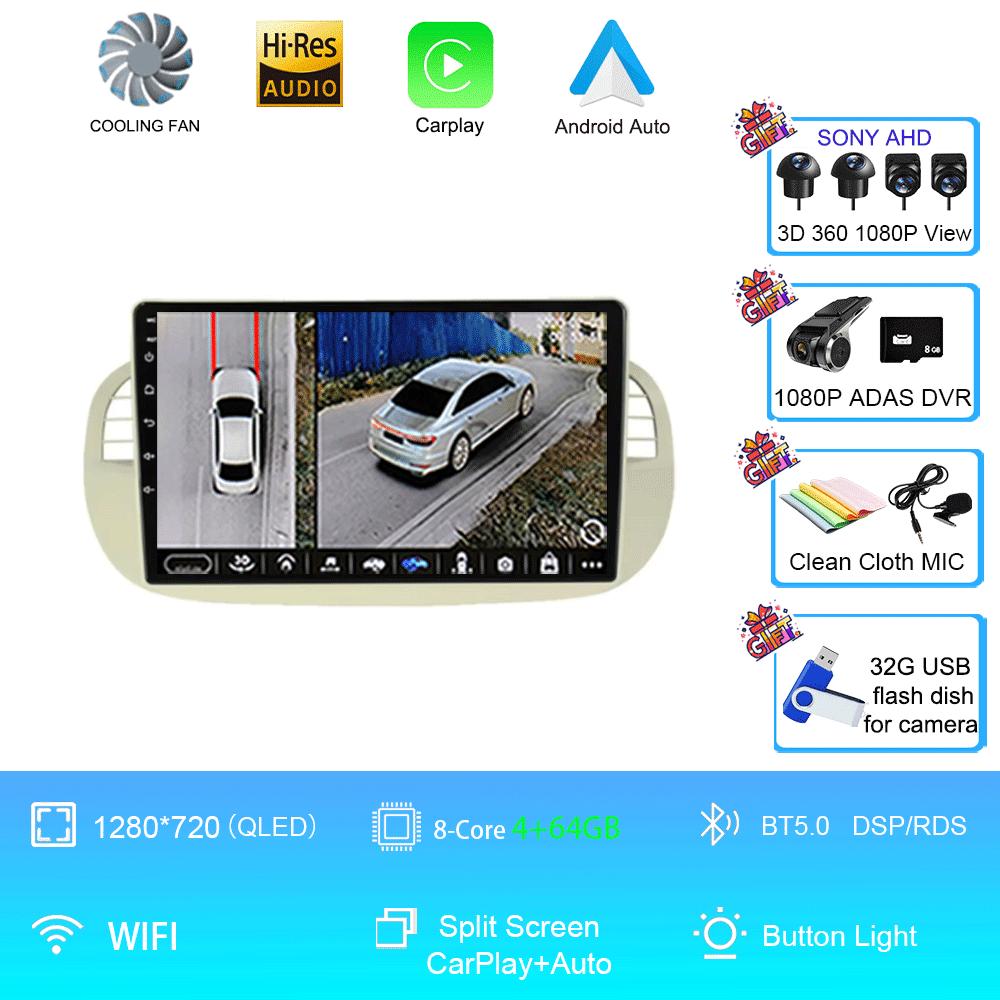 Android 14 Car Radio For Fiat 500 With GPS Navigation Steering Wheel Control Multimedia Carplay& Auto BT WIFI Stereo 360 Camera