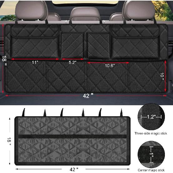 Femuar Car Trunk Organizer, Large Capacity Backseat Trunk Organizer (42"*18"), Collapsible Car Storage Bag With 8 Pockets, SUV/MPV/Truck - Black