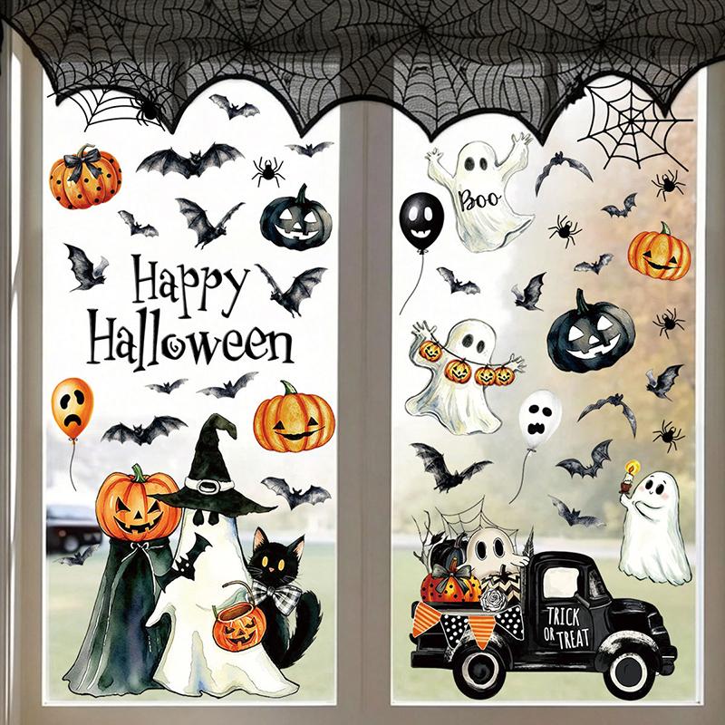 6/8/9 Sheets Halloween Window Clings Cute Ghost Pumpkin Bat Removable Self Adhesive For Home Party Glass Decor