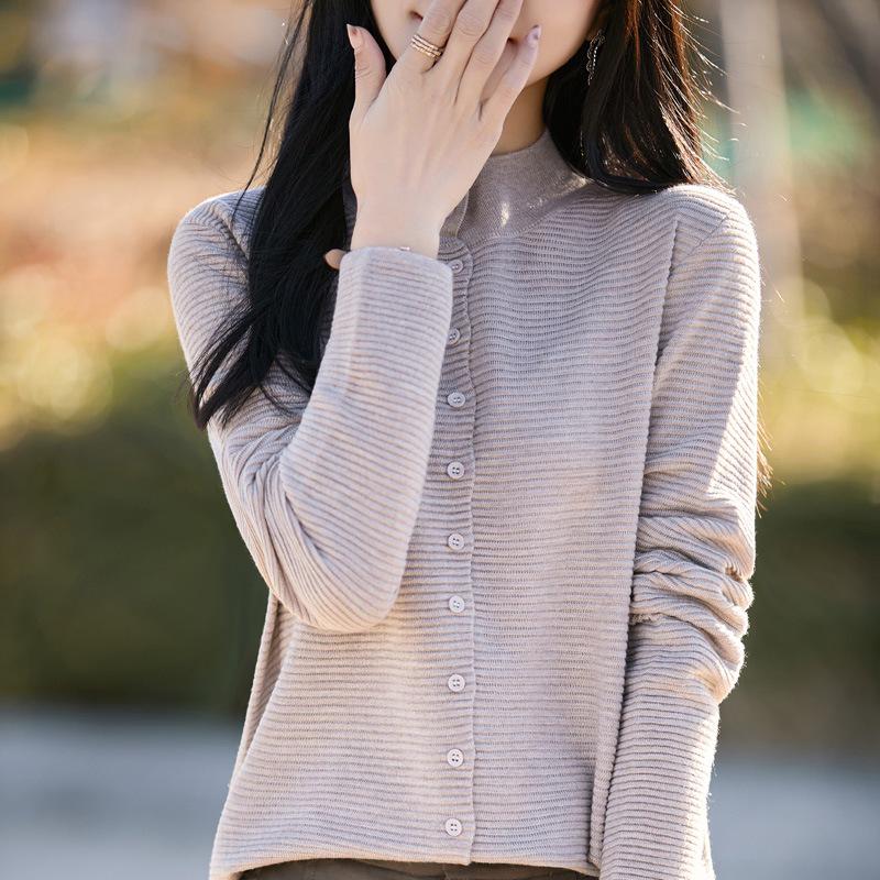 Women's Spring Fine Wool Cardigan - Half-High Collar, Solid Color, Loose, Slimming Sweater Coat