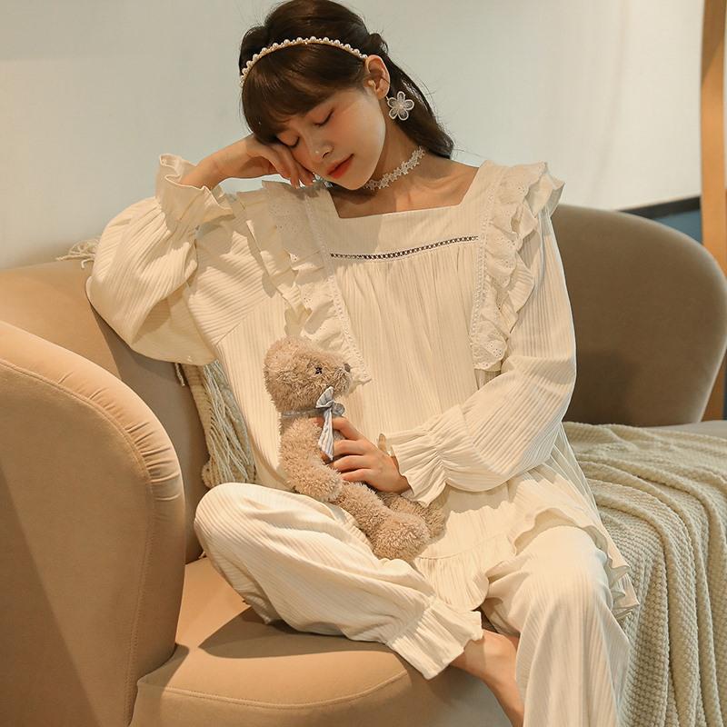 Tiruxin Women's Ribbed Long Sleeve Pajama Set - Retro Princess Court Style