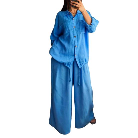 Dámský bavlněno-lněný dvoudílný outfit, ležérní, s dlouhým rukávem, na knoflíky, se stahovací šňůrkou