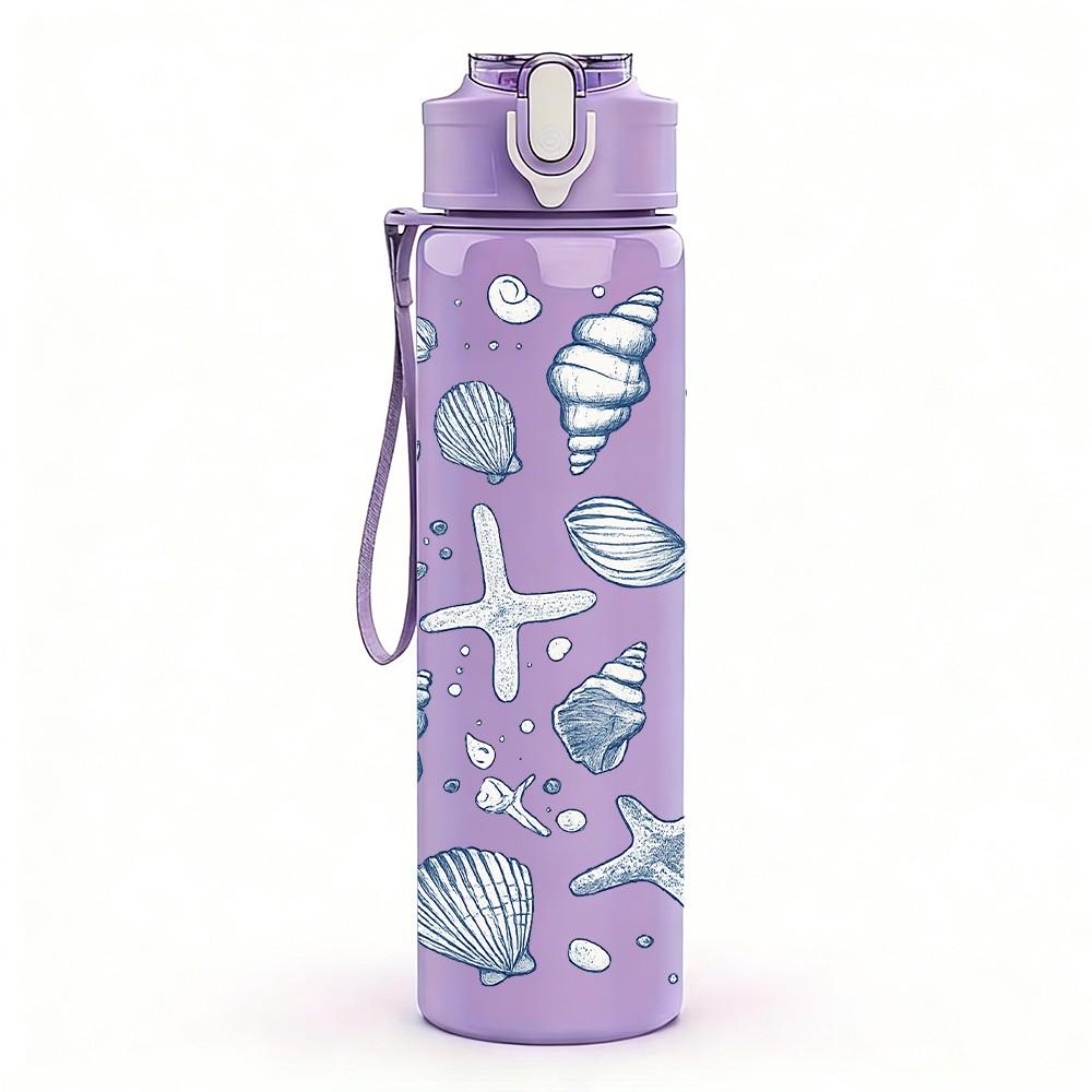 1PC Starfish Seashell Ocean Pattern Print 750ml Color Plastic Sports Water Bottle Leakproof Flip Straw Lid Suitable for Sports Office Home Use