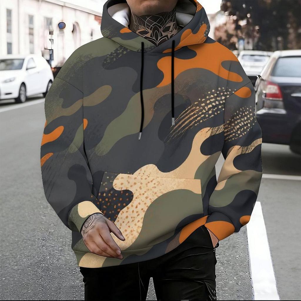 Men Plus Size Beige Printed Hoodie Long Sleeve Drawstring Pullover With Kangaroo Pocket