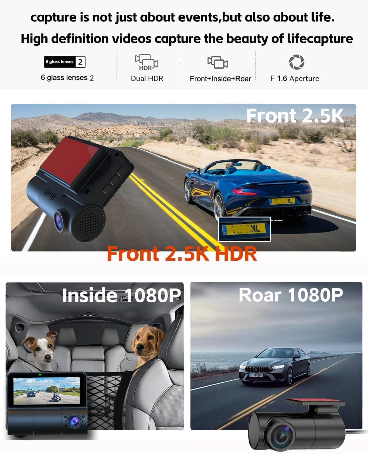 

3 Channel Dash Cam 2.5K+1080P+1080P Front & Rear IR Night Vision 3.16 IPS Wi-Fi GPS 24H Parking Mode United States