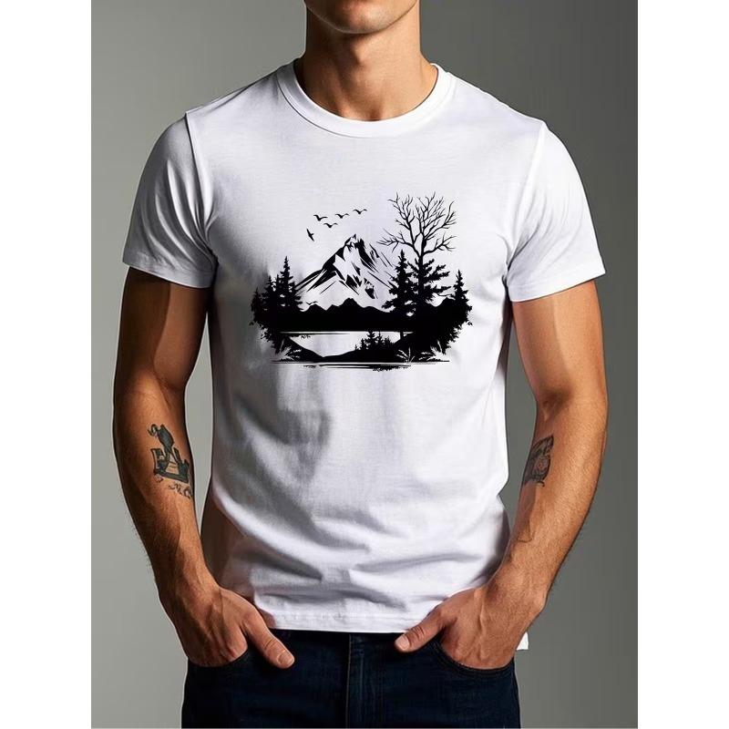 European Size Men'S Outdoor Graphic Tee - Featuring Mountain And Pine Tree Artwork, Lightweight Summer Shirt, Relaxed Fit for Outdoor Activities