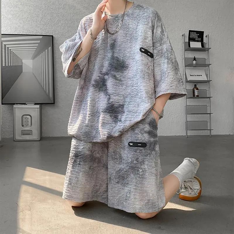 Anzug Herren Sommer Batik Kurzarm T-Shirt Shorts Zweiteiler Freizeit Sportbekleidung