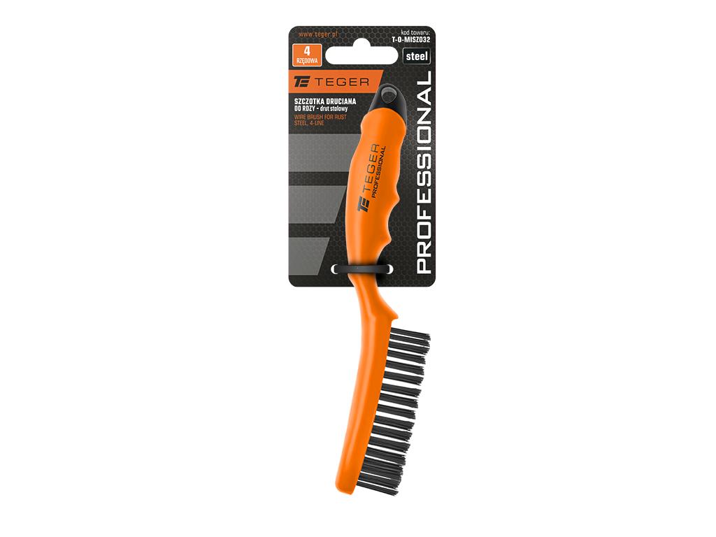 PROFESSIONAL Rust Brush, Black Steel Wire / 4 Rows, with Plastic Handle, Teger