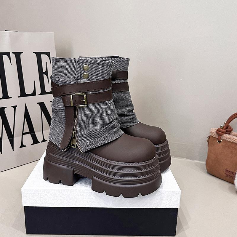 Spice Girl Style Belt Buckle Martin Boots Women's 2025 Autumn and Winter New Thick-soled Heightening Muffin Thin Fashion Trousers Short Boots