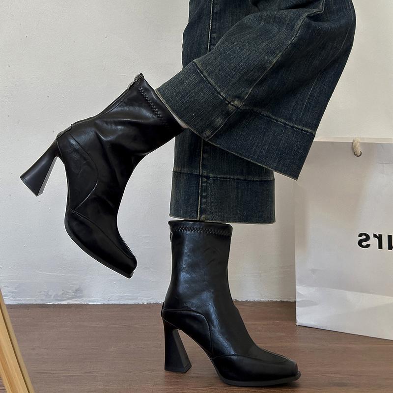 Autumn Winter Square Toe Women High Heel Ankle Boots Street Style Elastic Slim Mordern Short Botas De Mujer