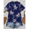 Amazon's new loose top fat mm meat cover top navy blue floral lace-up wooden ear edge loose short-sleeved T-shirt