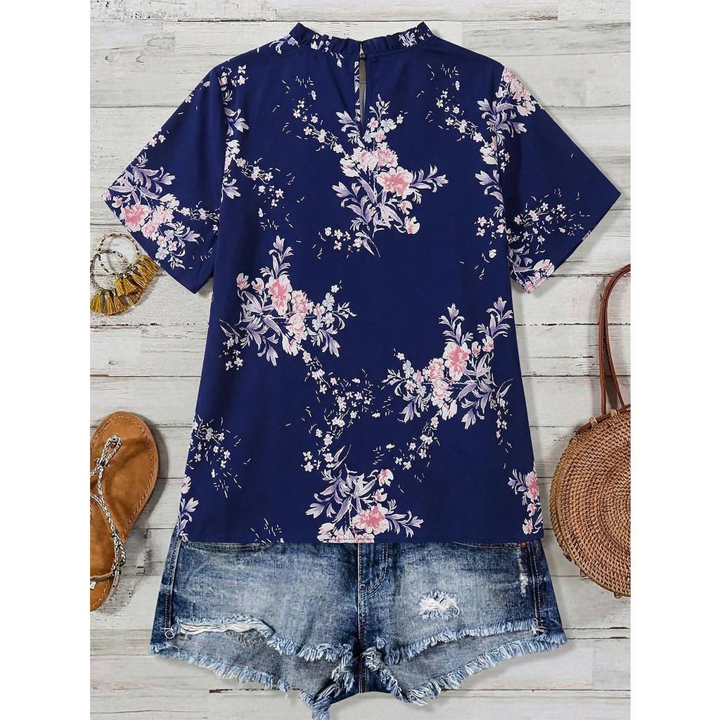 Amazon's new loose top fat mm meat cover top navy blue floral lace-up wooden ear edge loose short-sleeved T-shirt