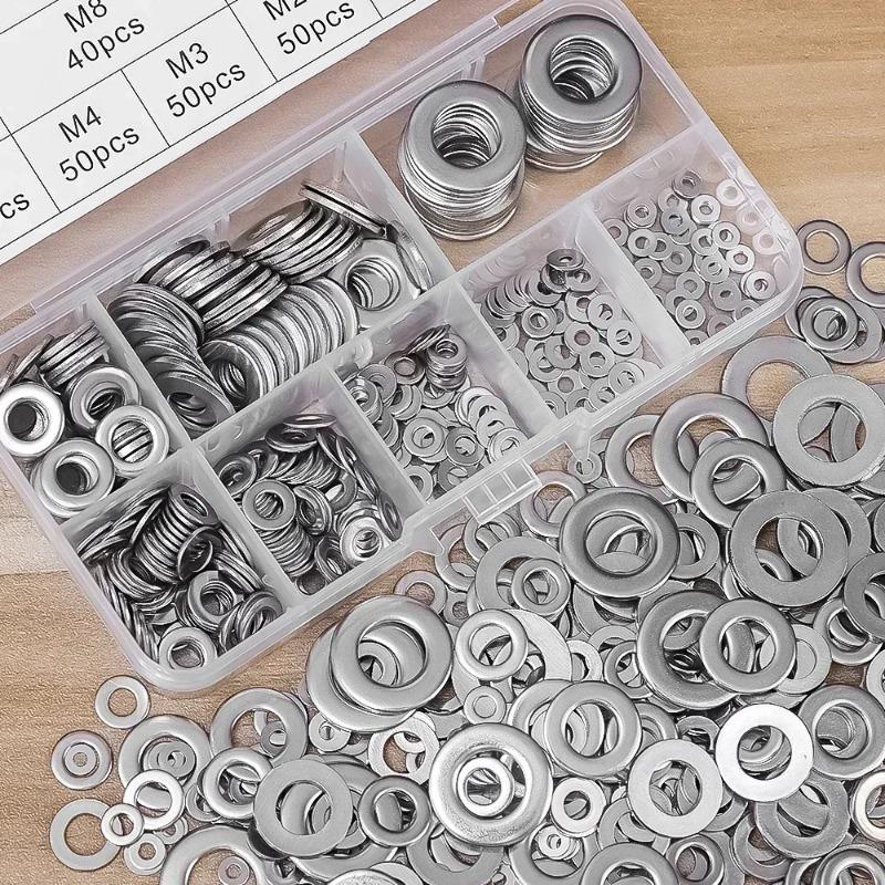 80-360Pcs Stainless Steel Washer Assortment Kits Metal Screw Flat Washers Rings Plain Gaskets Fasteners for Screws Bolts M2-M12