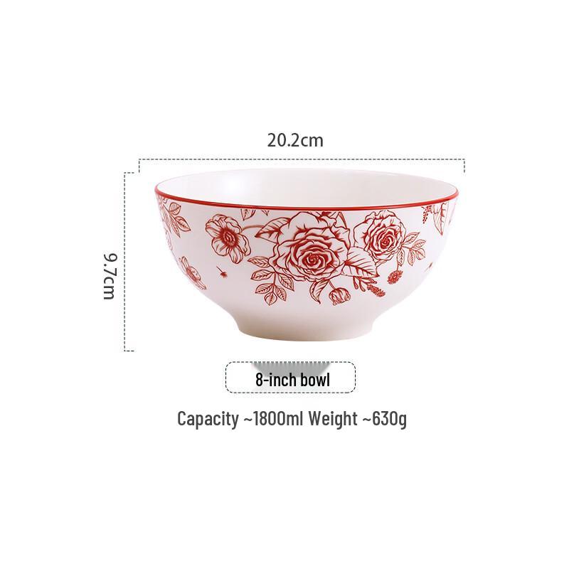 Vintage Red Rose Ceramic Soup Bowl