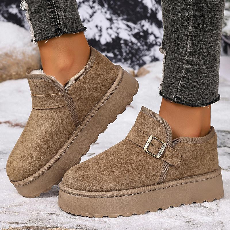 Модні зимові черевики до щиколотки на товстій підошві з прикрасою у вигляді пряжки для жінок 2025, снігові черевики на платформі зі штучної замші, жіночі бавовняні черевики на короткому плюші, що надягаються