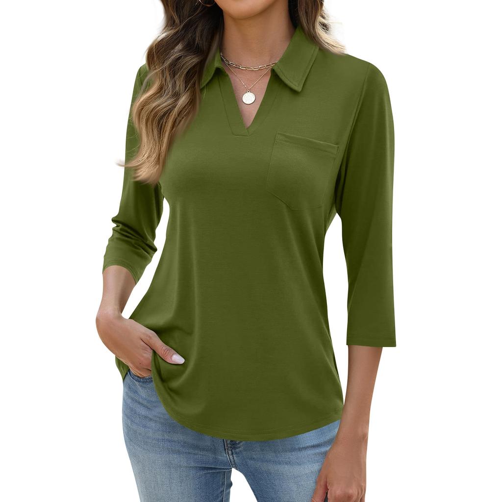 Women's Fashion Casual Lapel Short 3/4 Sleeve Color Shirt Women's Up Tops