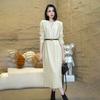 Women's Beige Long Sleeve Maxi Dress V-Neck Waist Belt Elegant A-Line Knit Casual Dress
