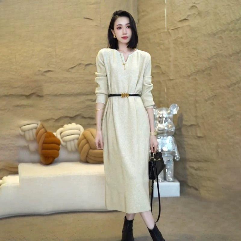 Women's Beige Long Sleeve Maxi Dress V-Neck Waist Belt Elegant A-Line Knit Casual Dress