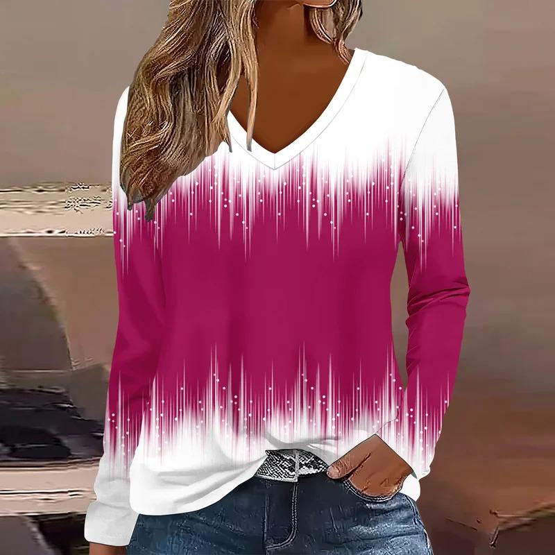 Plus Size European and American Fashion 2025 Women's Elegant V-neck Long Sleeve T-shirt