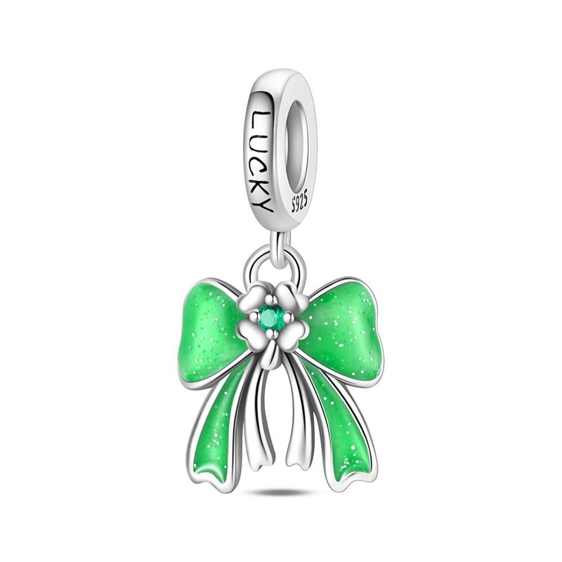 Green Series 925  Silver Dinosaur Bow Puppy Swallow Umbrella Four-Leaf Clover Charm Fit DIY Bracelet Necklace Party Gift