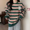 Women's Fleece Lined Color-Block Striped Sweatshirt, Korean Style, Autumn/Winter 2023, Loose Fit, Round Neck with Letter Towel Embroidery