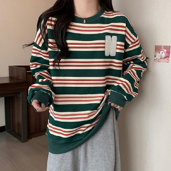 Women's Fleece Lined Color-Block Striped Sweatshirt, Korean Style, Autumn/Winter 2023, Loose Fit, Round Neck with Letter Towel Embroidery