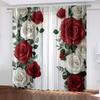 2PC Valentine's Red & White Rose Curtains 3D Floral Print Light Filtering Sheer Drapes Romantic Window Curtains for Bedroom