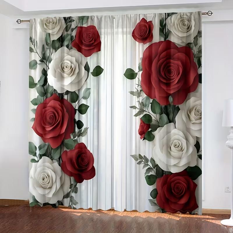 2PC Valentine's Red & White Rose Curtains 3D Floral Print Light Filtering Sheer Drapes Romantic Window Curtains for Bedroom