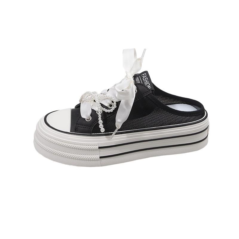 Pearl Lace Half Slippers 2025 Spring and Summer New Retro Platform Niche One Pedal Lazy Board Shoes Women Ins Tide