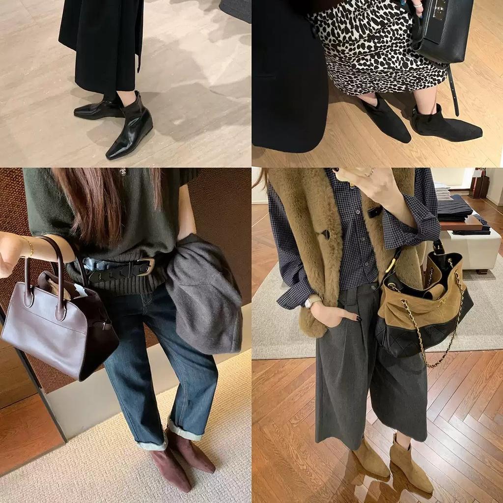 Cowhide version~ 5cm inner height-increasing short boots for women's 2025 autumn and winter new retro small square head rear zipper long tube thin boo