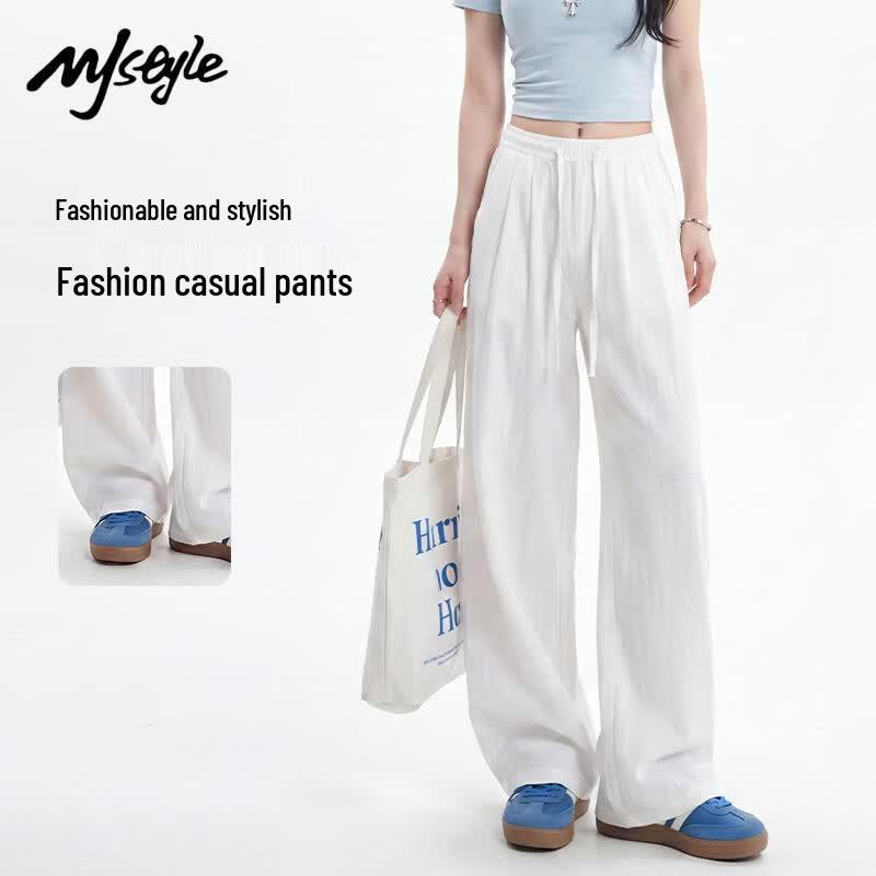 MJ STYLE Tencel Linen Wide-Leg Casual Pants L белый