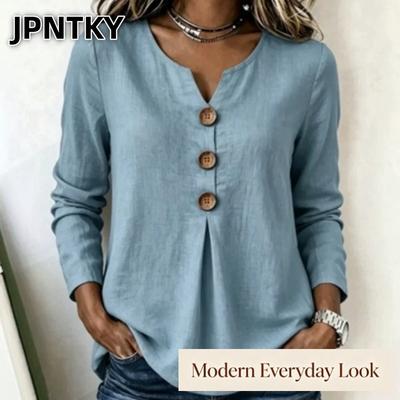 JPNTKY Kadın Moda Günlük V Yaka Uzun Kollu Bluz & Gömlekler