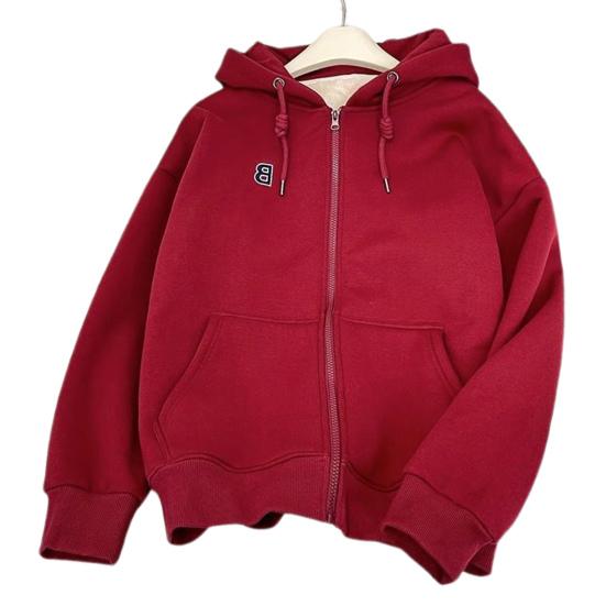 Women's Autumn and Winter Thick Fleece Hooded Warm Hoodie Long Sleeved Solid Color Loose Zipper Jacket