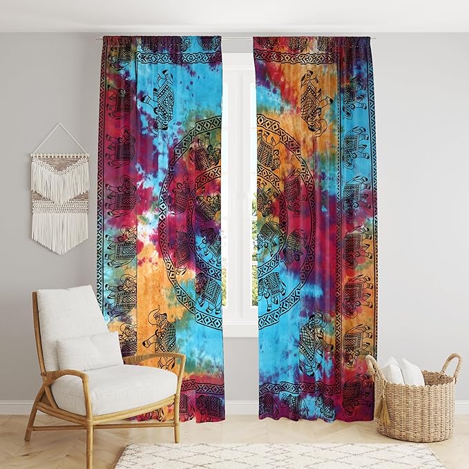 

Bless International Beautiful Indian Bohemian Psychedelic Hippie Tie Dye Window Curtain Panels for Bedroom, Living, Balcony (Tie Dye Round Elephant) 83 L x 38 W