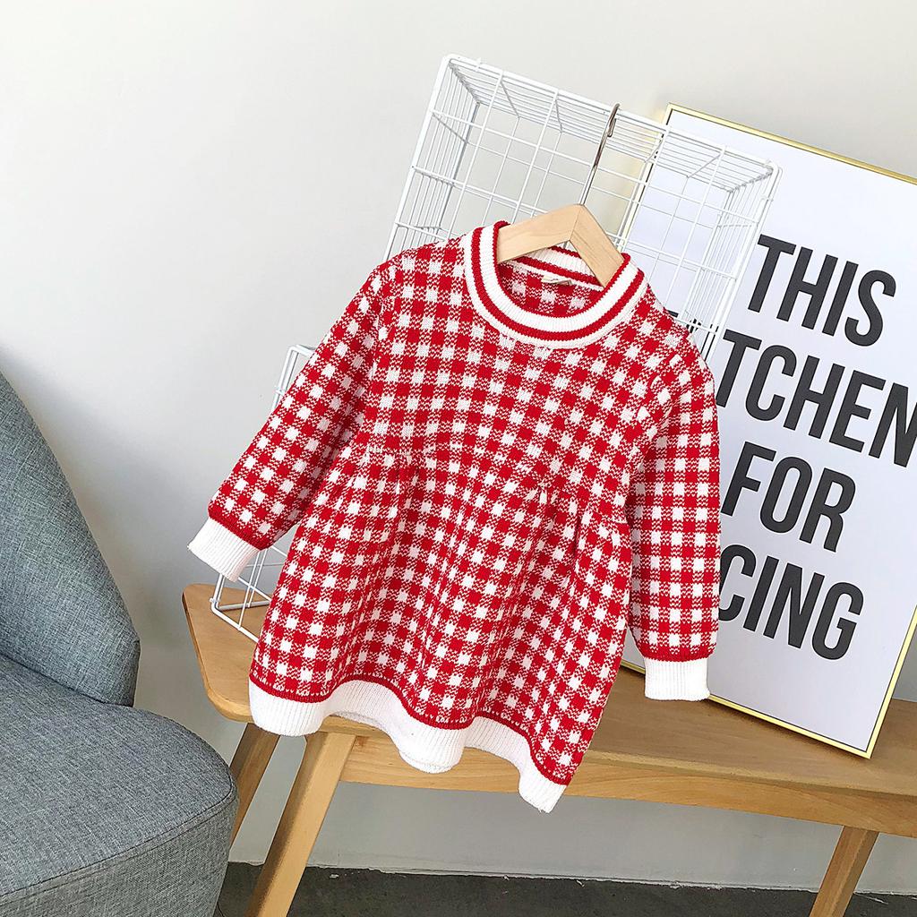 Dívčí šaty Dětská kostkovaná dětská pastorační sukně s dlouhým rukávem