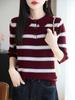 100% Pure Wool Women's Striped Color Block Lapel Knit T-shirt, Loose Five-Sleeve Base Layer Sweater